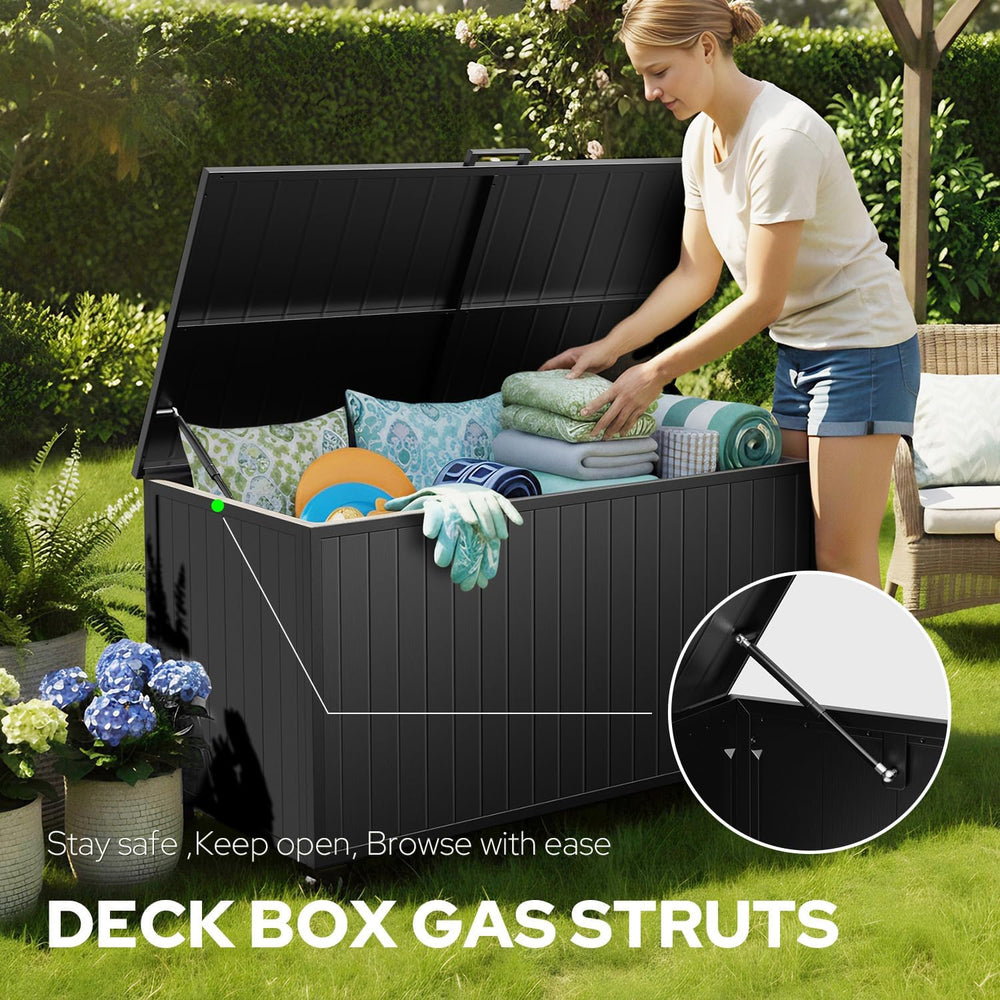 150 Gallon Outdoor Storage Box with Wheels, Metal Deck Boxes,Black
