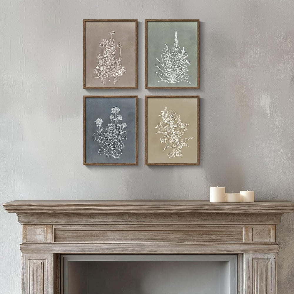 Framed Boho Neutral Botanical Floral Wall Art for Bathroom, 4 Piece 8x10 In