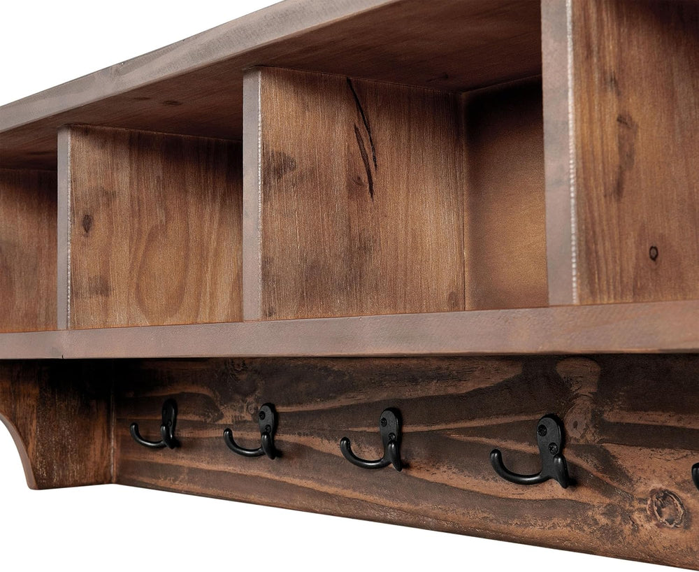 Pomona Solid Wood Entryway Coat Rack with Cubbies, Rustic Brown, 48”