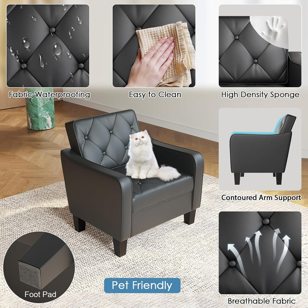 Black Tufted Leather Accent Chairs, Wide Armchairs for Living Room Office