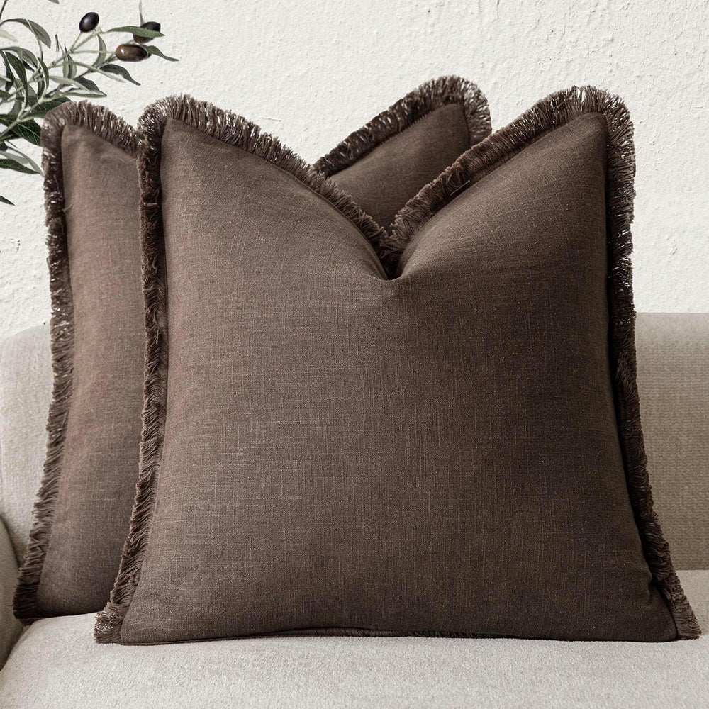 Foindtower Decorative Linen Fringe Throw Pillow Covers 22×22 Reddish Brown