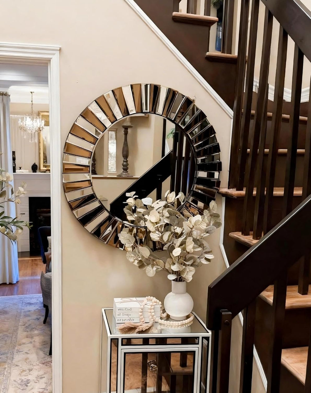 Decorative Round Mirror Sunburst: Silver-Brown Crystal Edge 31.5 in