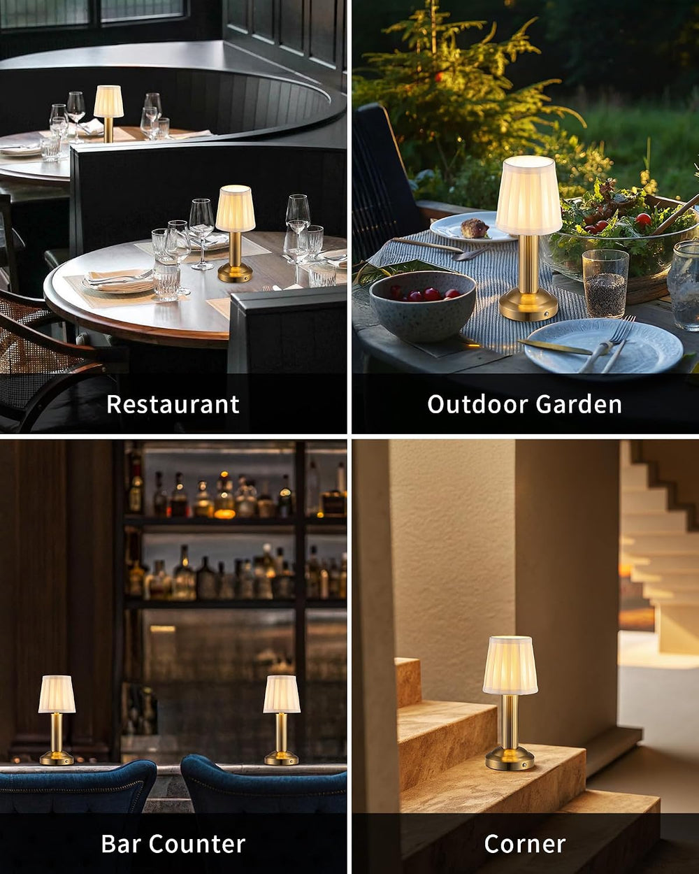Small Cordless Table Lamp 2 Pack, Gold Fabric Shade LED Touch Lamps