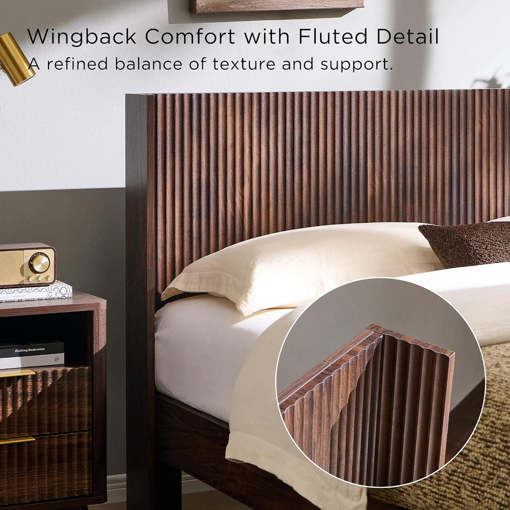 T4TREAM Fluted Queen Bed with Headboard and Storage Bench, Dark Walnut