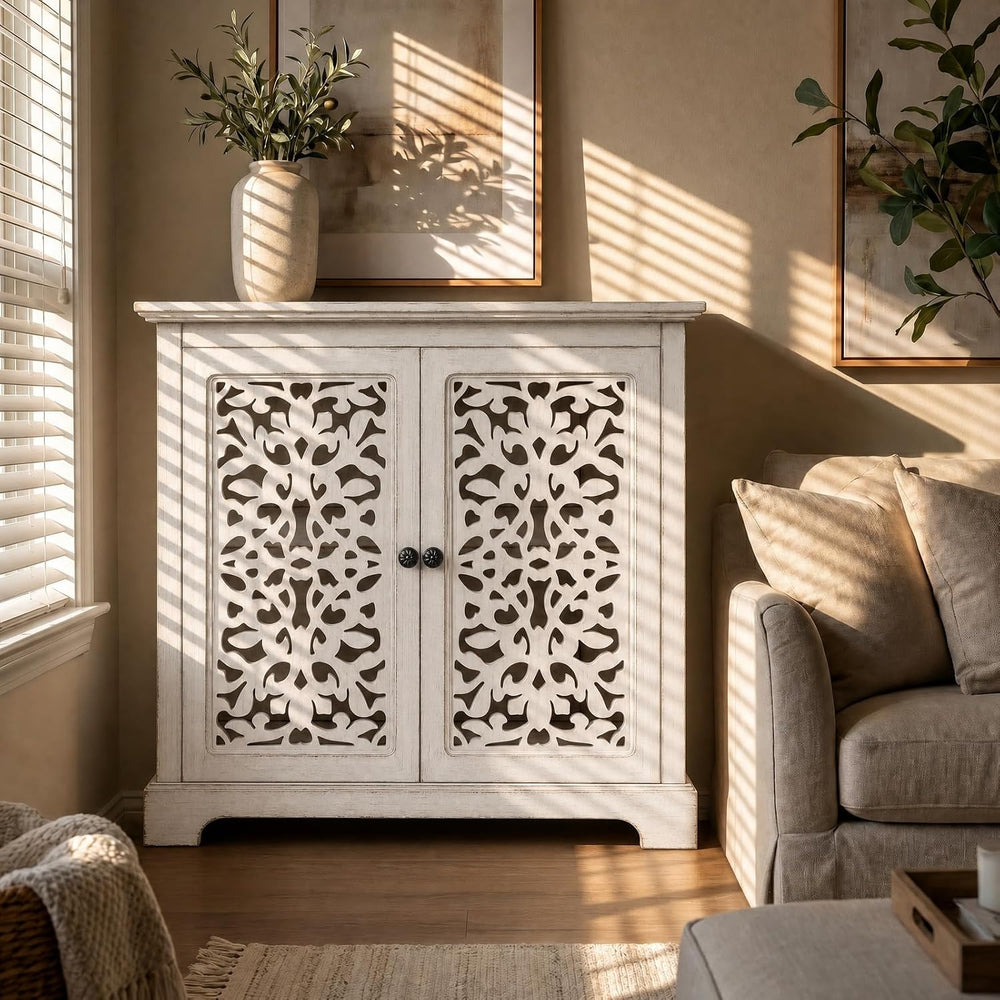 31.5" White Accent Cabinet with Carved 2-Door Storage