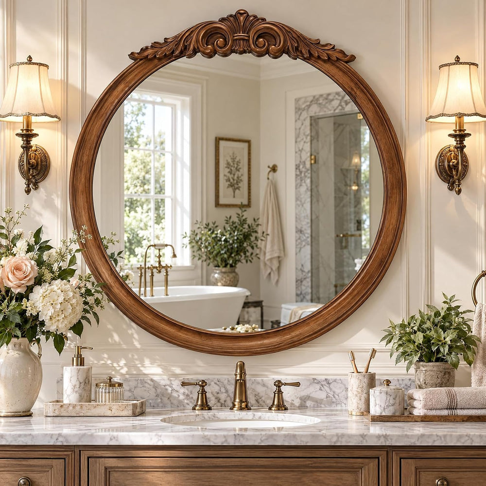 30 Inch Rustic Wall Mirror with Solid Wood Walnut Light Brown