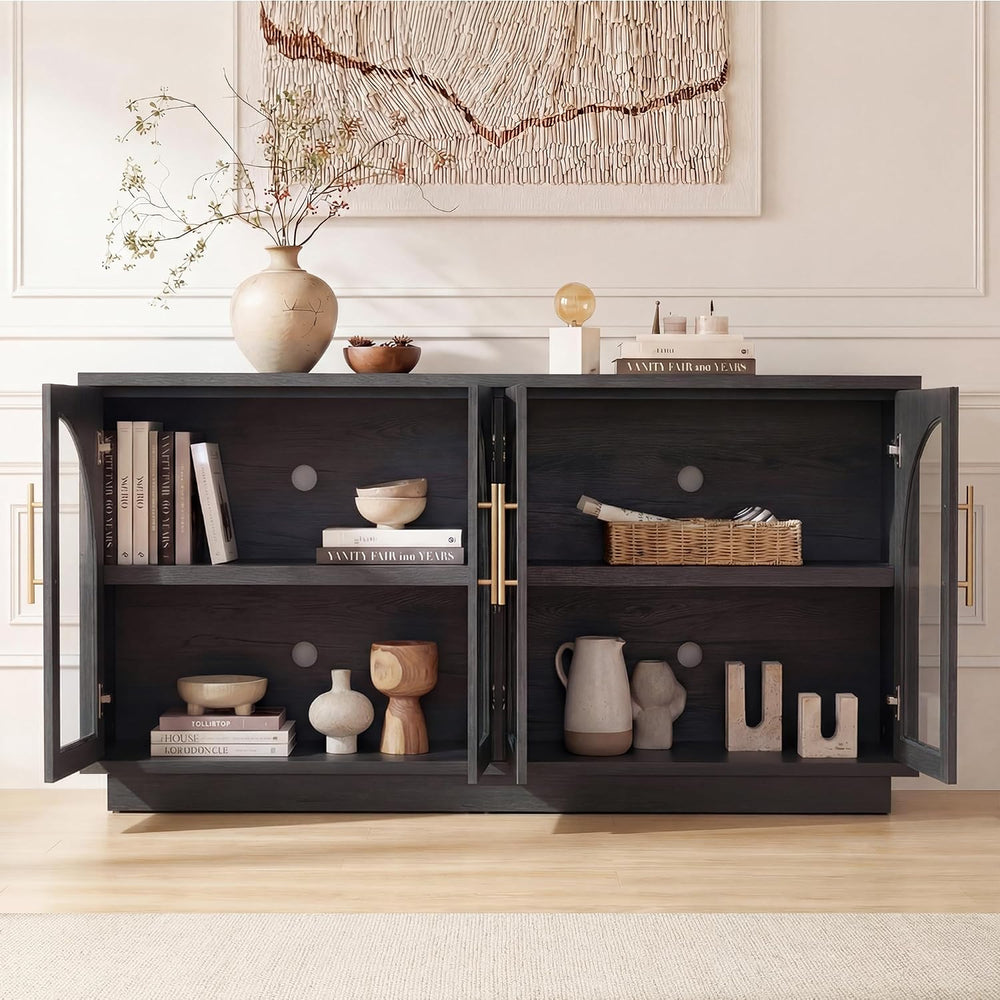 Fatmok 59" Arched Glass Sideboard Buffet Display Cabinet,Grey Black Oak