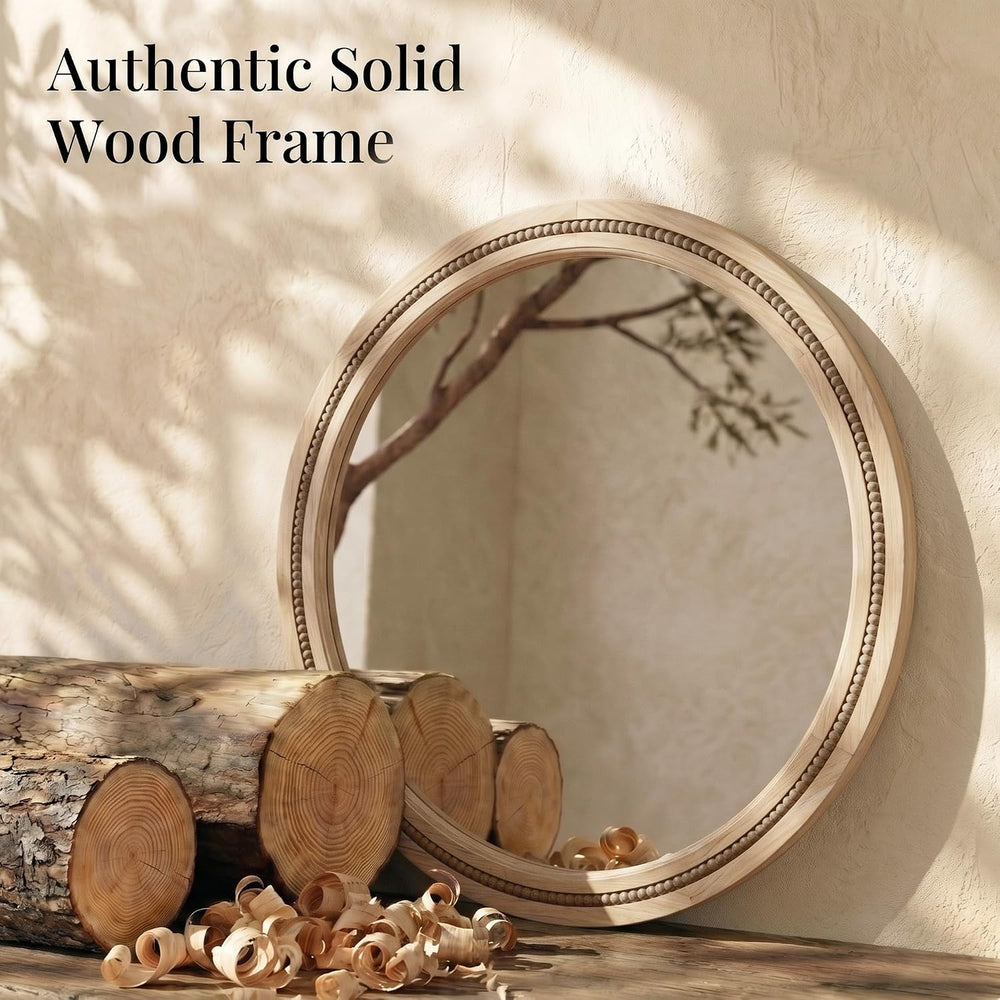 Solid Wood 30 Inch Round Beaded Vanity Wall Mirror, Natural Wood