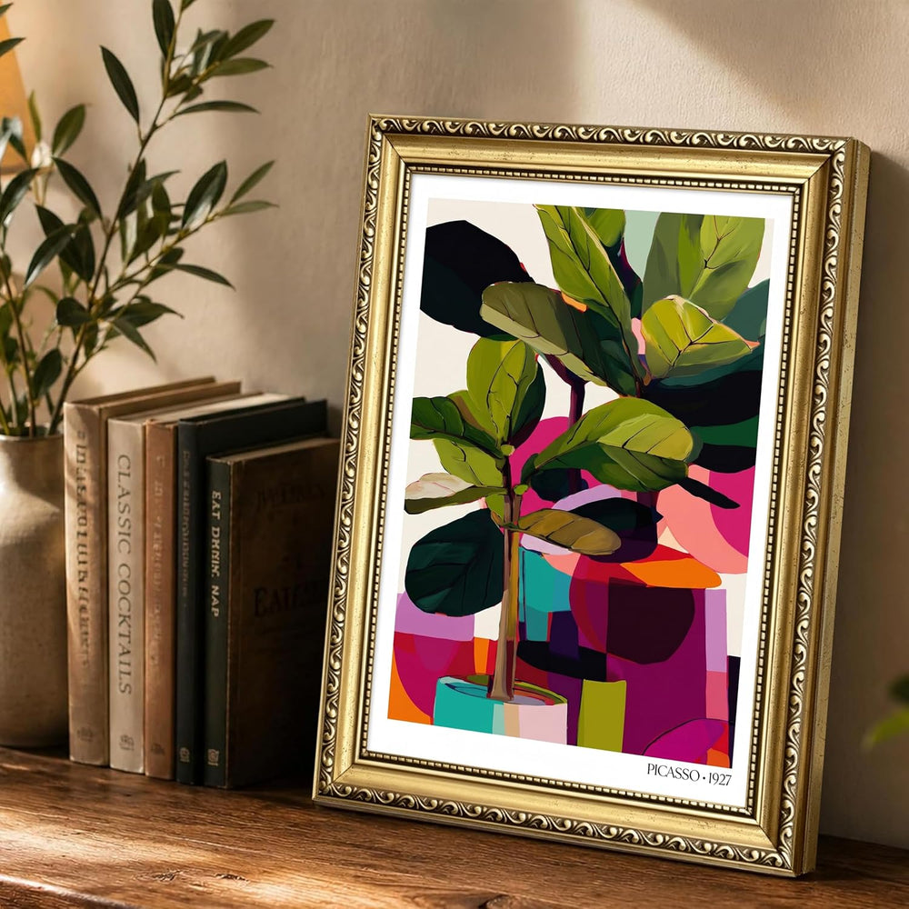 Gold Framed Picasso Wall Art, Modern Colourful Botanical Canvas Wall Decor Pa...