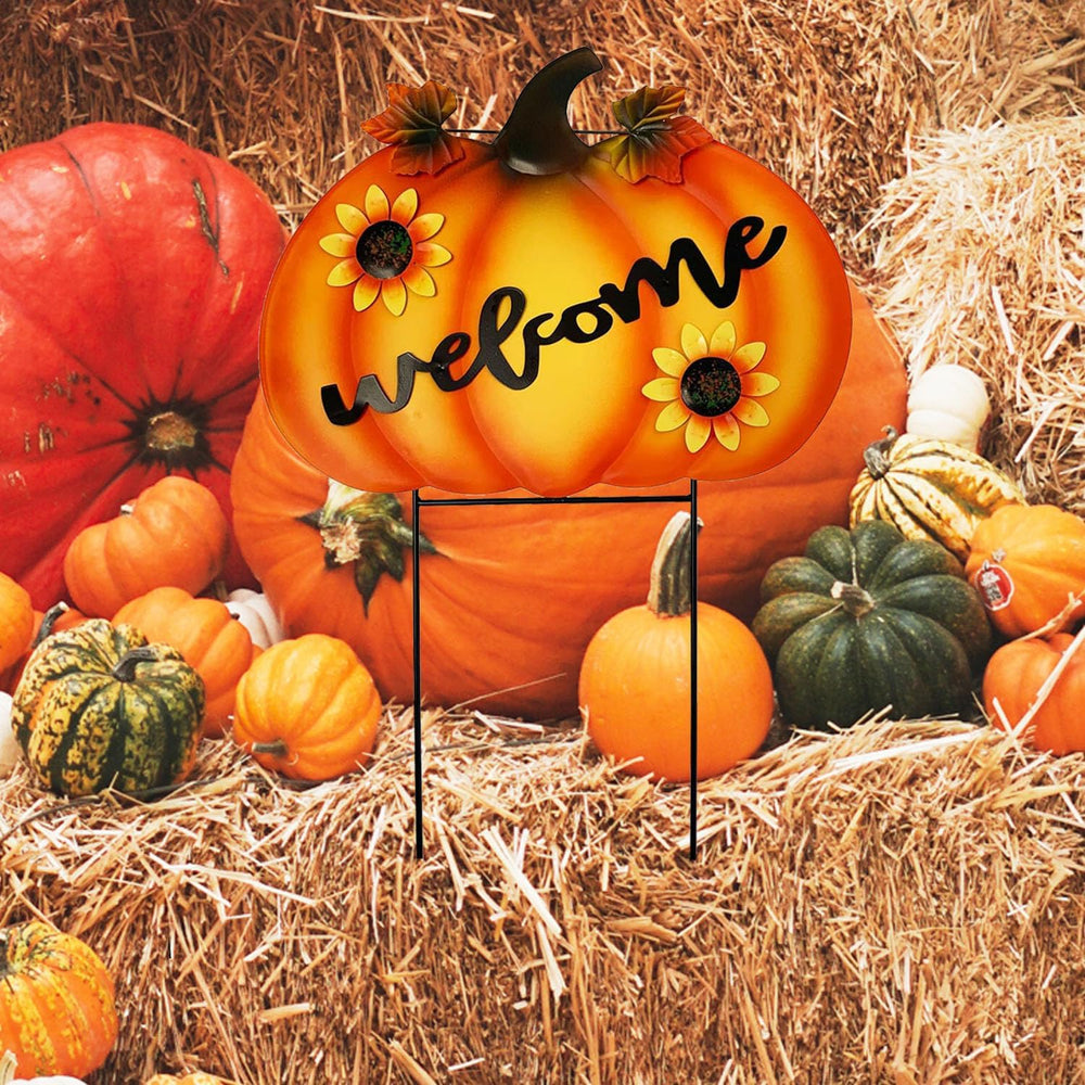 Metal Pumpkin Yard Signs with Stakes Fall Harvest Garden Lawn Yard Porch Outd...