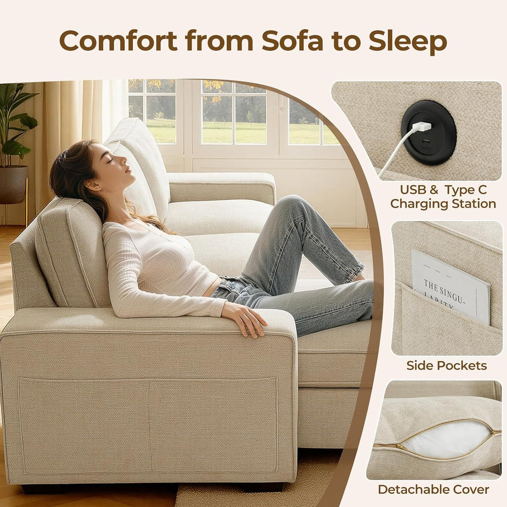 97in L-Shaped Sectional Sofa with Storage Chaise, 3-Seater Couch, Beige