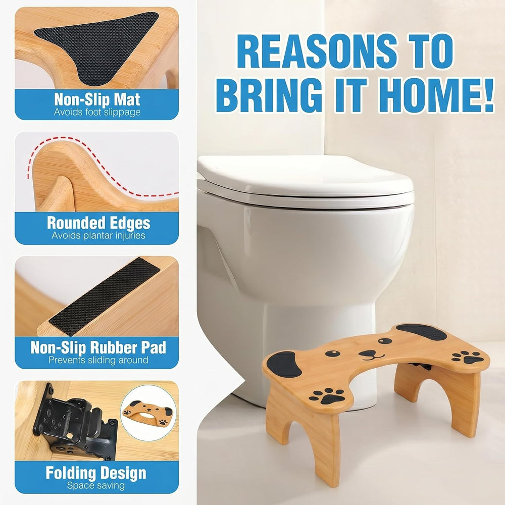 Foldable 7-Inch Bamboo Toilet Stool for Adults, Dog Design
