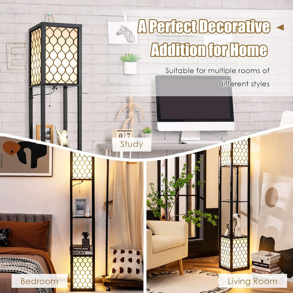 Tangkula Modern Shelf Floor Lamp, Freestanding Double Lamp w/ 2-Tier Wood She...