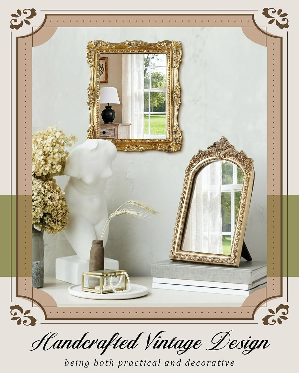 Wonderjune 3 Pcs Vintage Gold Wall Mirror Set, Retro Mixed Style