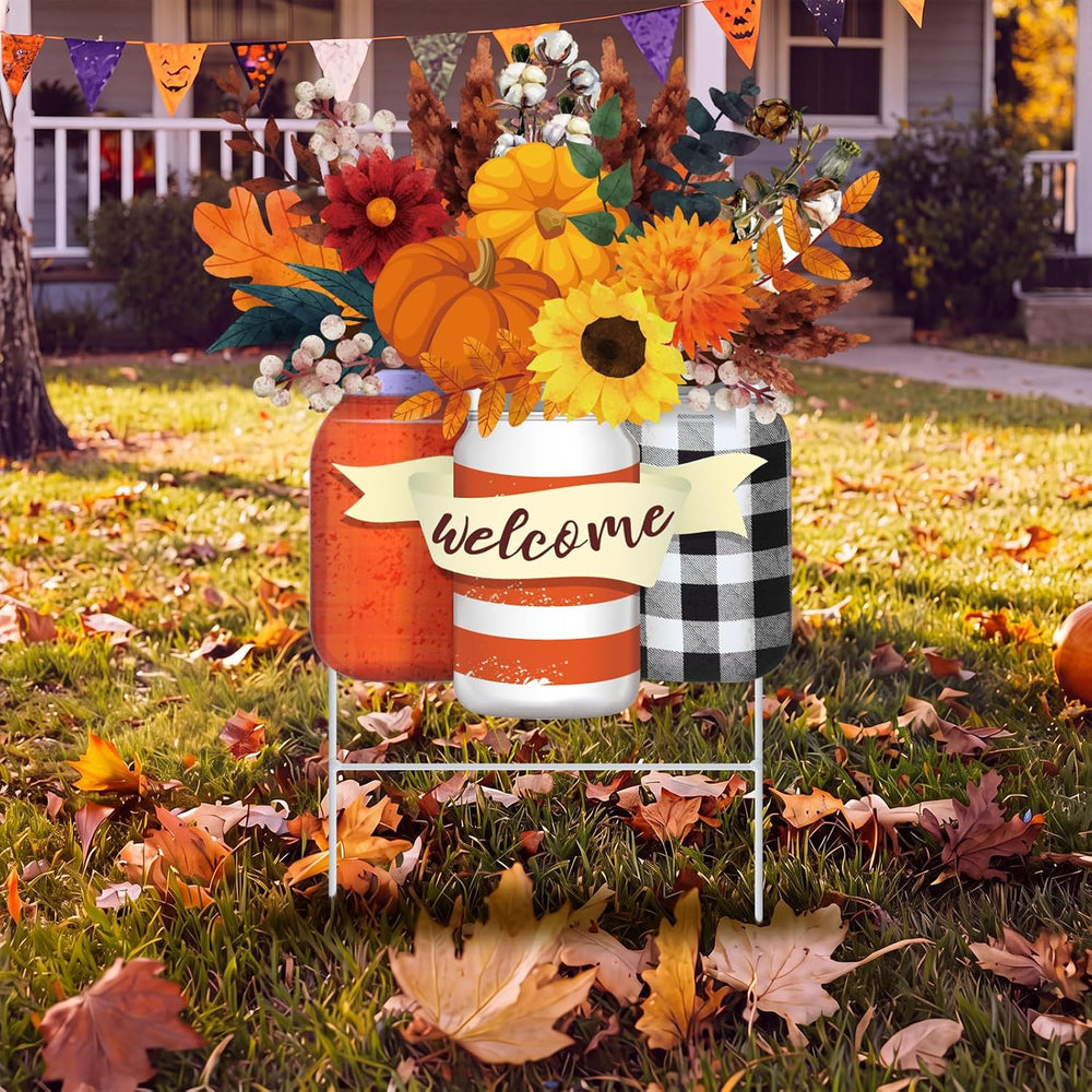Yookeer Fall Decoration Outdoor Metal Pumpkin Fall Leaf Sign with Stakes