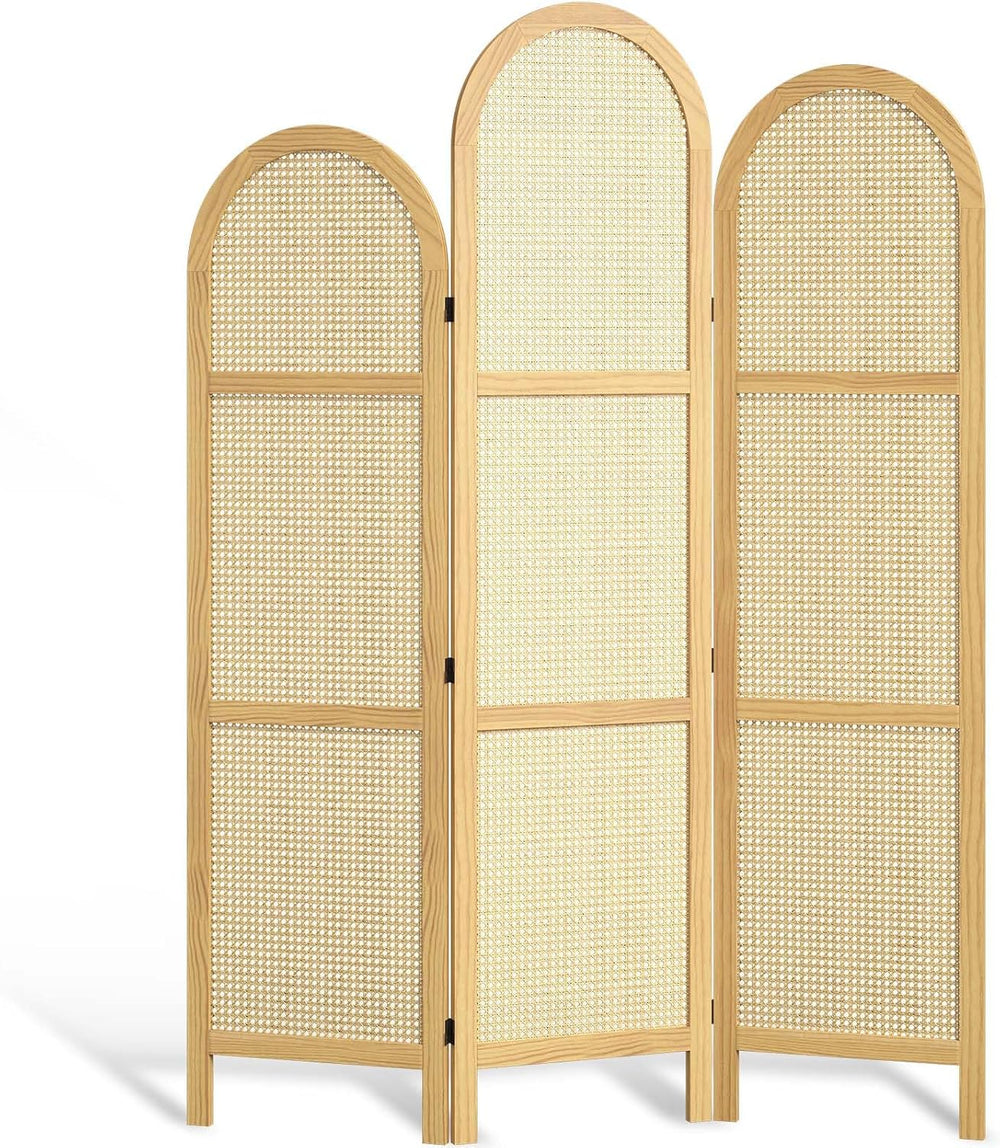 3-Panel Hand-Woven Rattan Room Divider, Tall Foldable Privacy Screen with Woo...