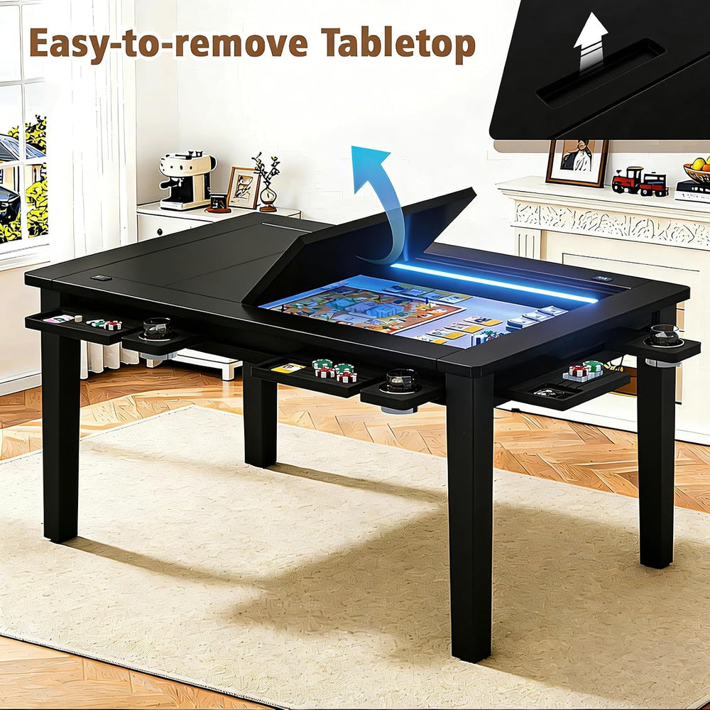 Solid Wood Board Game Table with Colorful Led Lights, Dining/Gaming Table