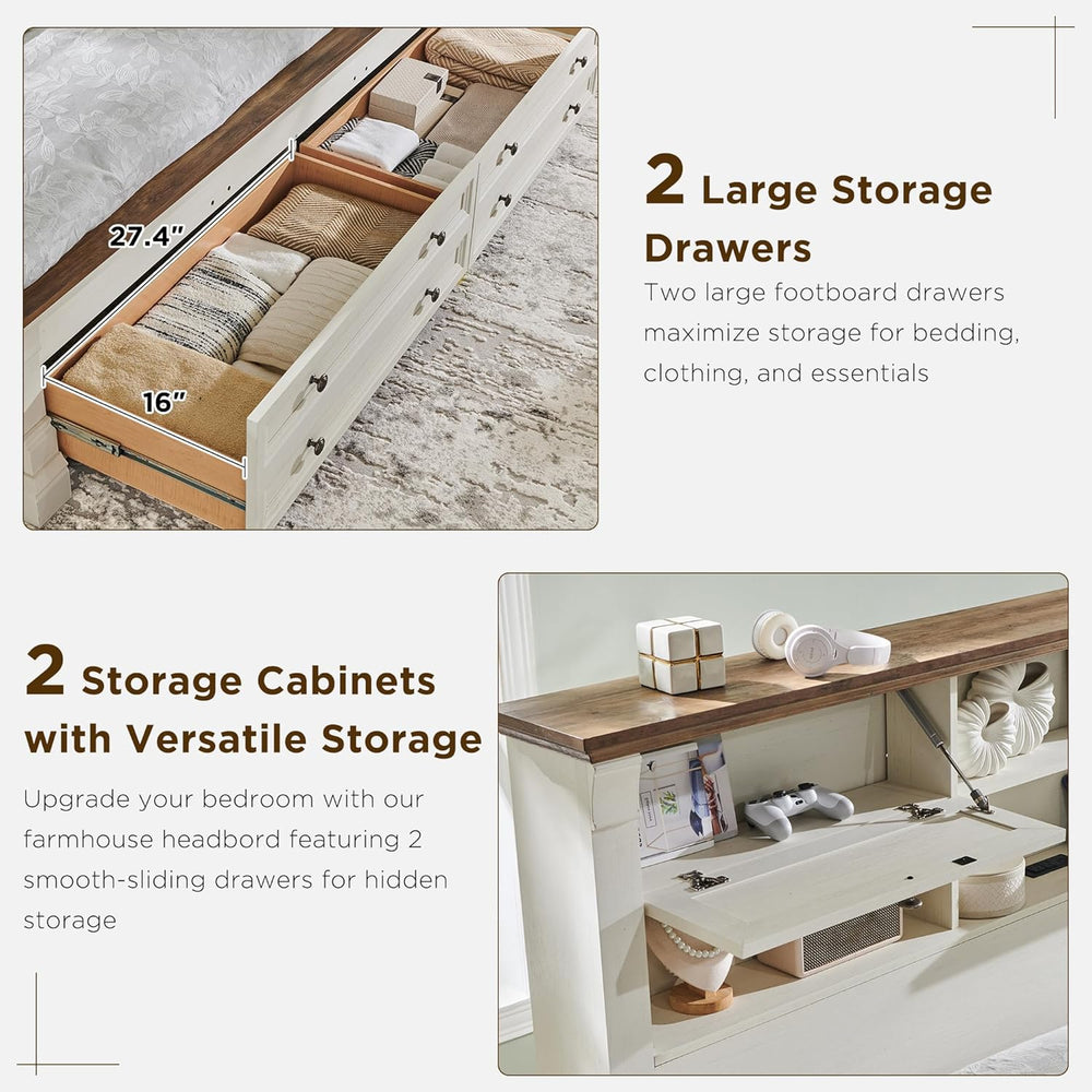 Wood Queen Size Bed Frame with 54" Tall Storage Headboard Charging Station