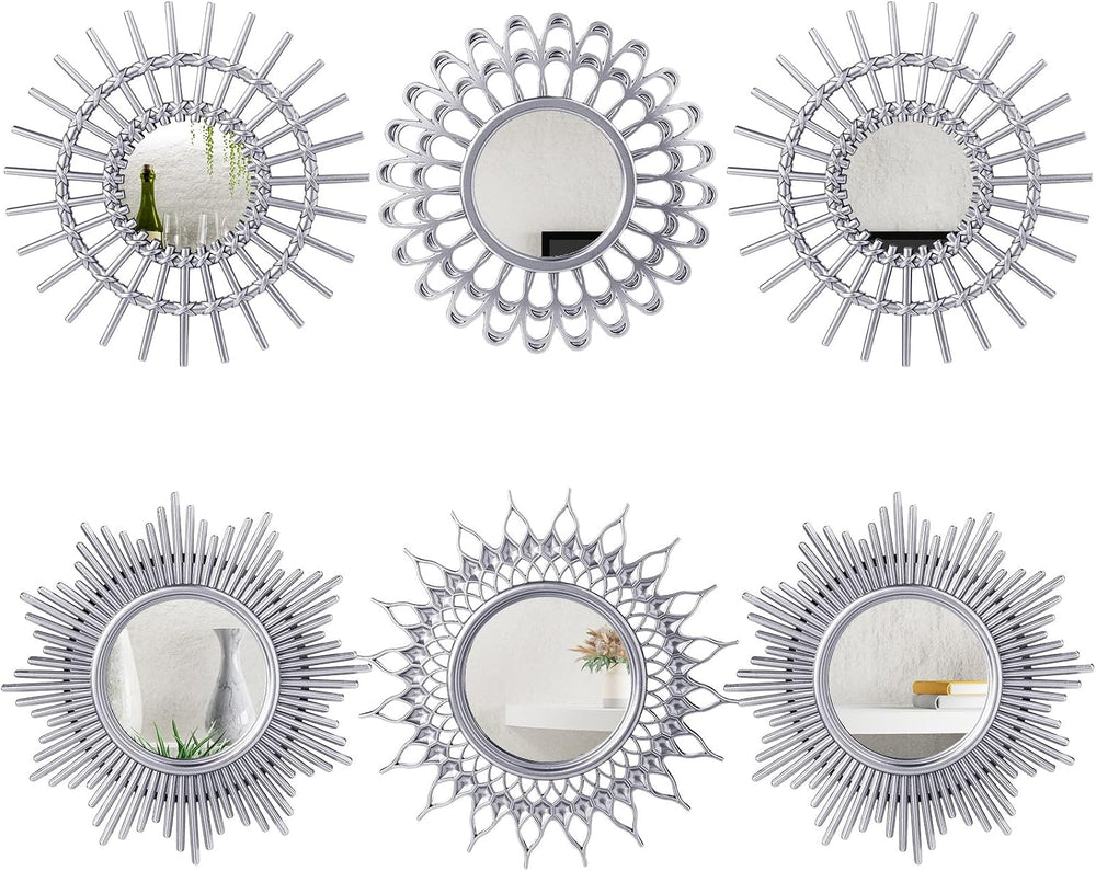 Namalu 6 Pcs Sunburst Round Mirror for Wall Decor, Classic, Silver