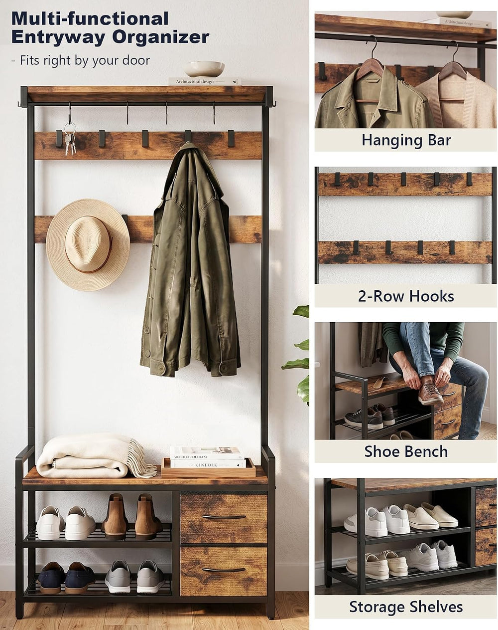 Hall Tree with Bench and Shoe Storage, 34.6" Entryway Coat Rack