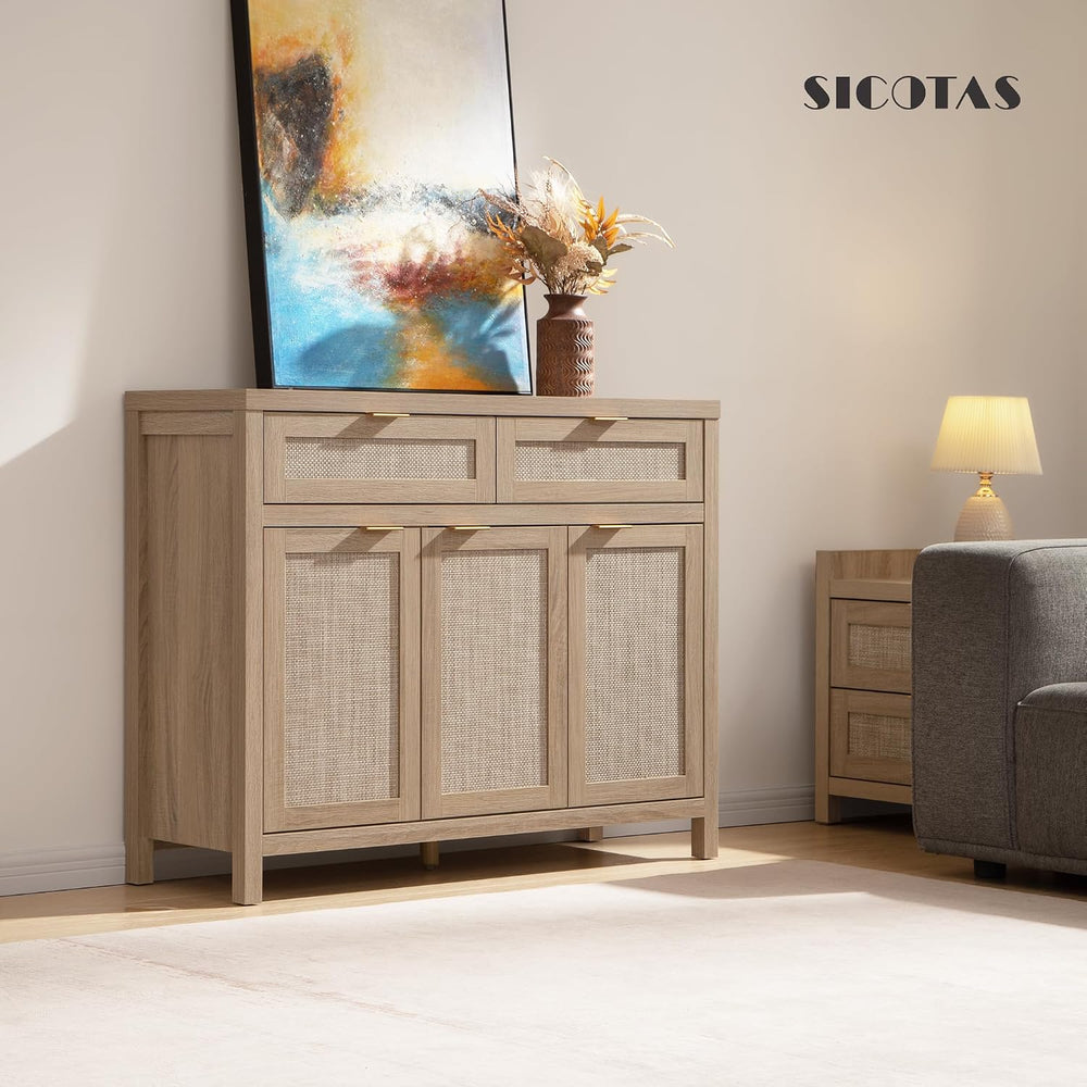 SICOTAS Rattan Sideboard Buffet Cabinet with Storage, Boho Credenza Accent