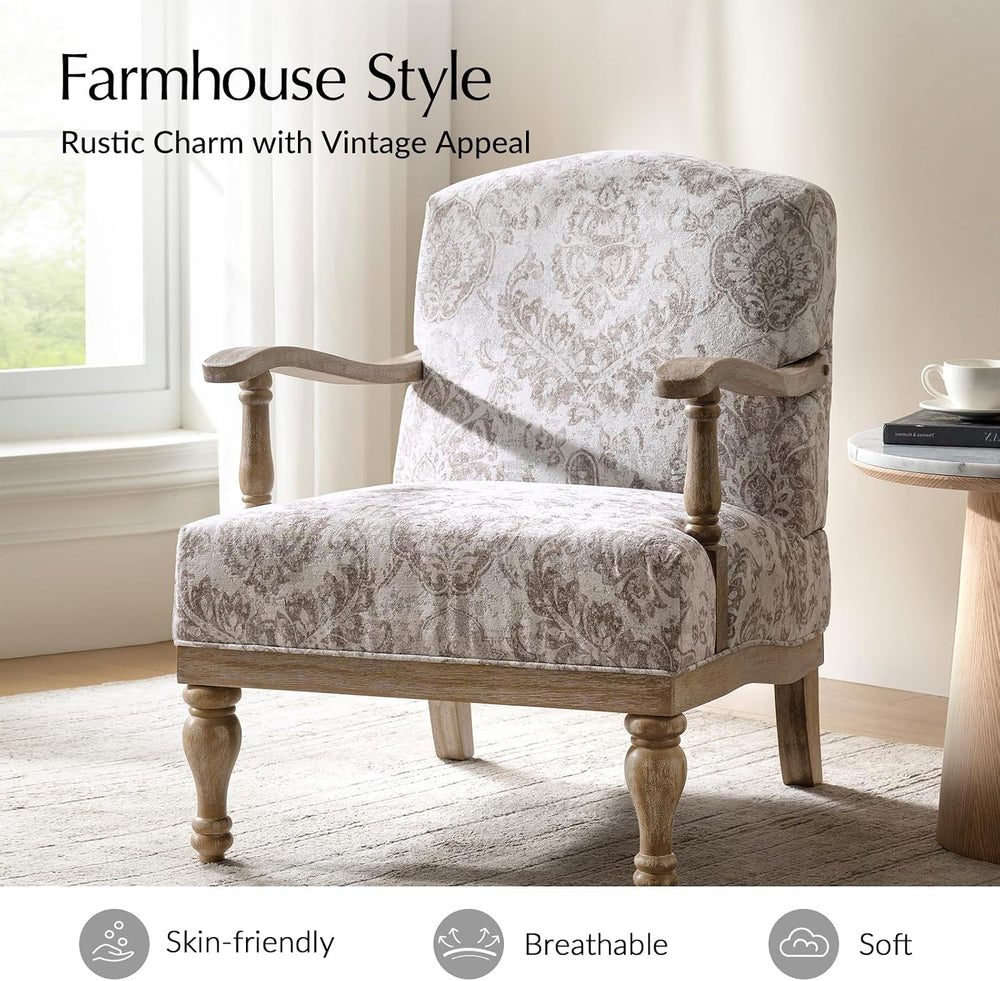 HULALA HOME Floral Accent Chair with Solid Wood Frame, Beige