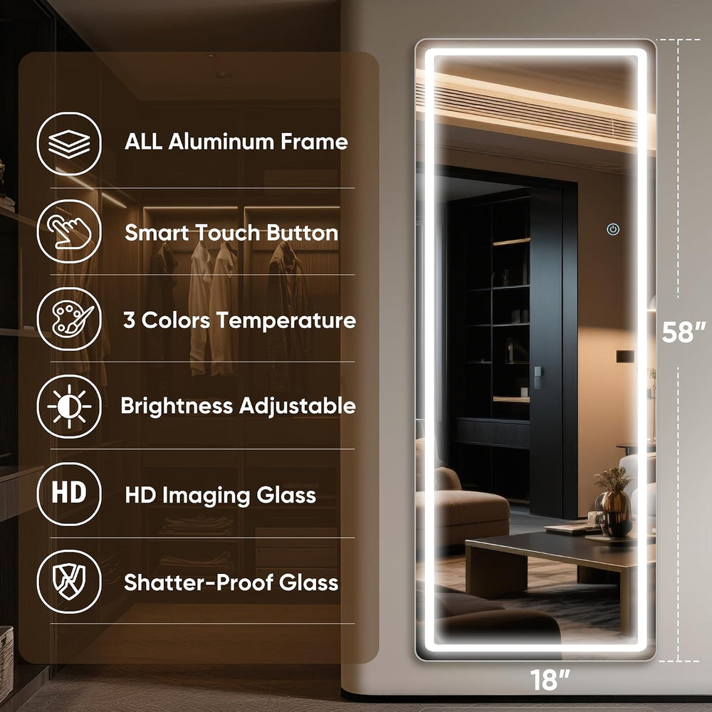 Antok 58"x18" LED Full Length Mirror, Lighted Floor Mirror, Rect