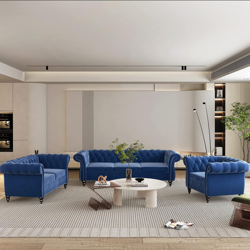 3 Piece Living Room Set, Chesterfield Velvet Sofa Loveseat Couch Chair with S...
