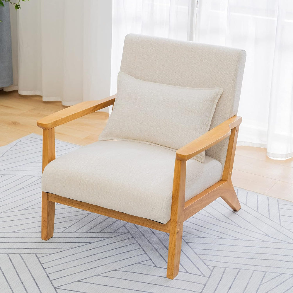 UNICOO Mid Century Modern Reading Chair with Wood Arms, Beige/Natural
