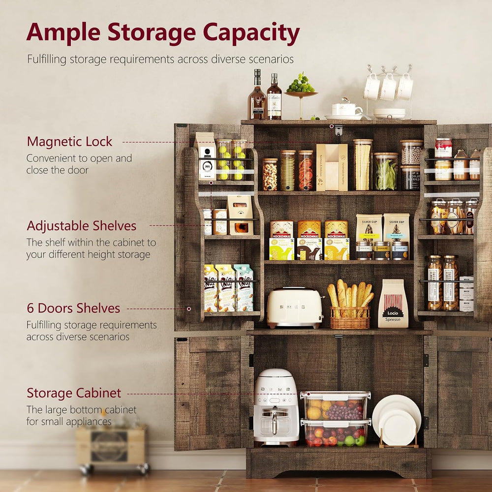 43"H Pantry Cabinet with 4 Doors, Kitchen Cabinet with 6 Door Shelves