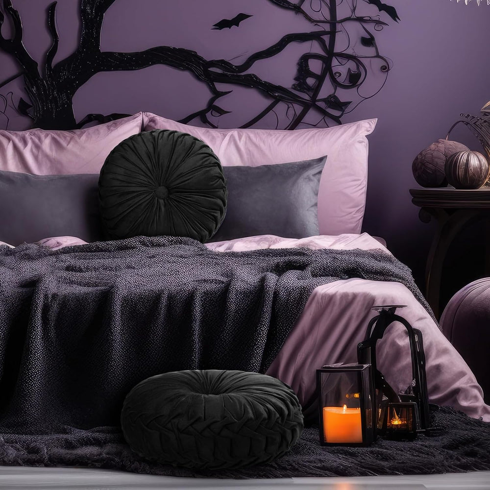 Beeveer 2 Pcs Round Throw Pillows Velvet Pleated Pillows, Black
