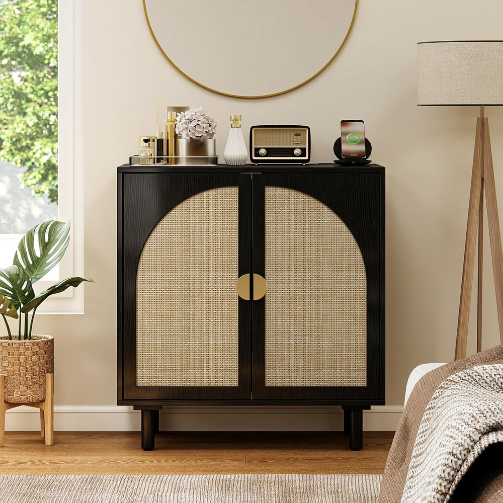 Black Minimalist 2-Door Sideboard with Woven Textured Panels, Black Storage C...