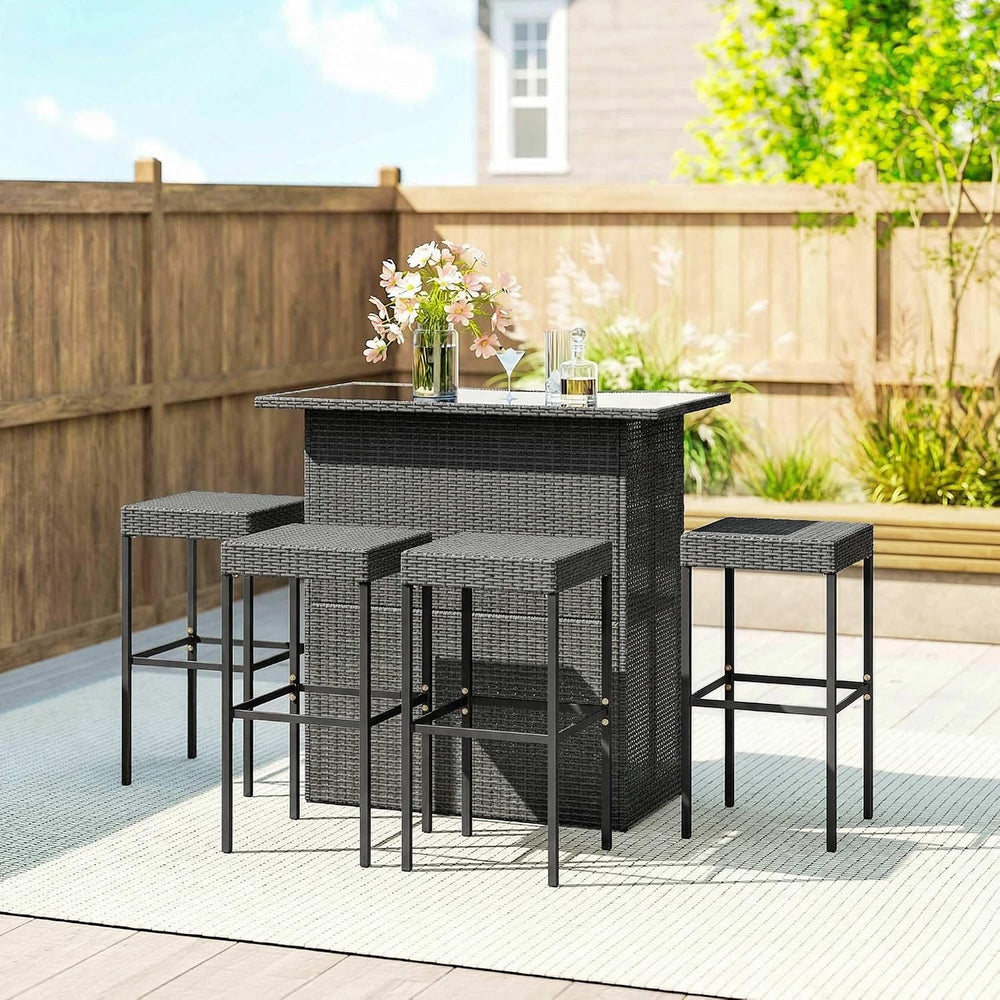 Outsunny 5 Piece Wicker Outdoor Bar Set with Glass Table Top Dark Gray