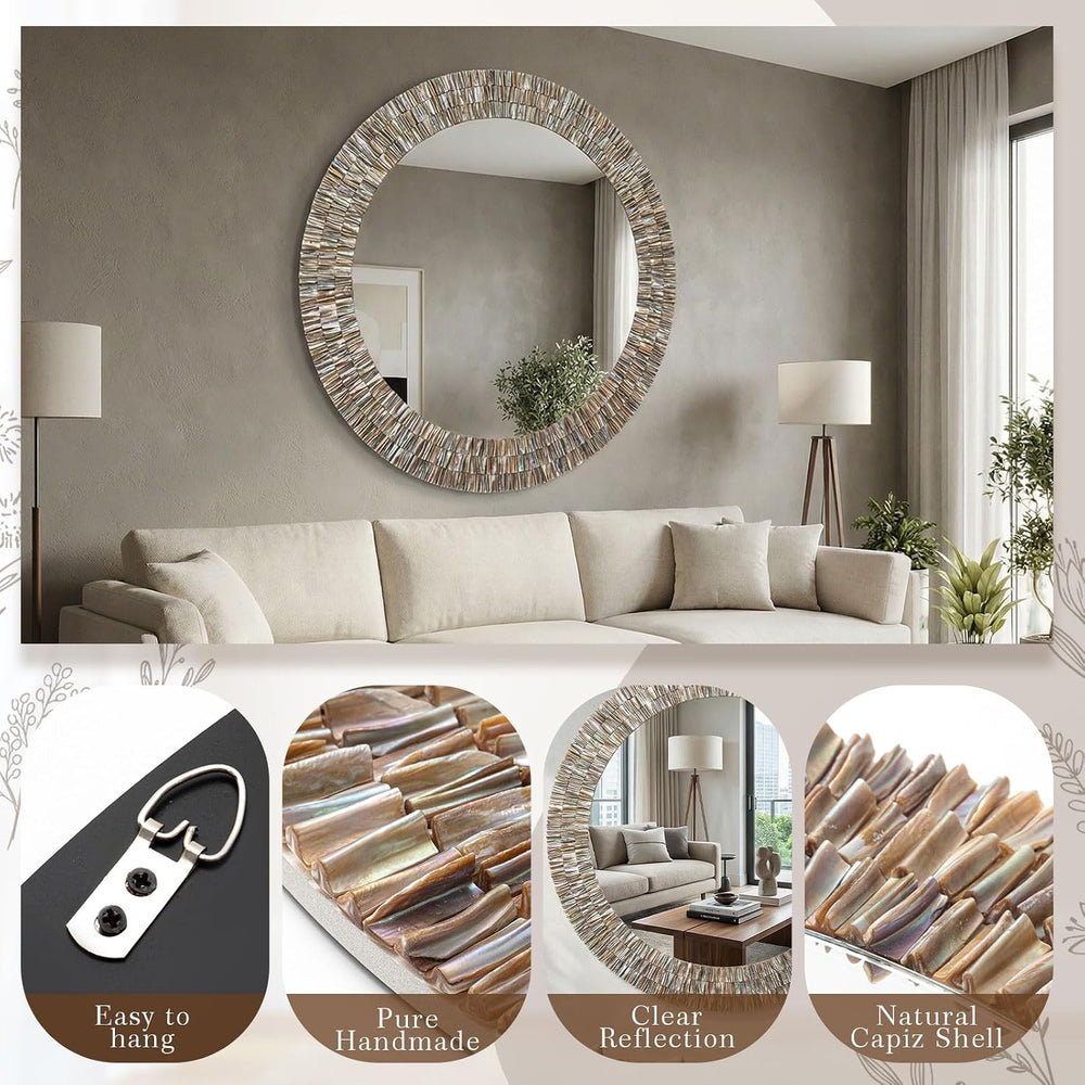 Sintuff Large 30 Inch Round Capiz Shell Mirror Coastal Seashell Wall Decor
