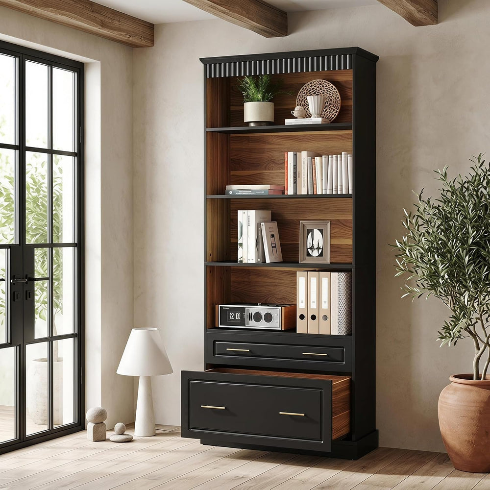 LITTLE TREE 72" Tall Black Bookcase, 5-Tier Office Bookself with File Ca...