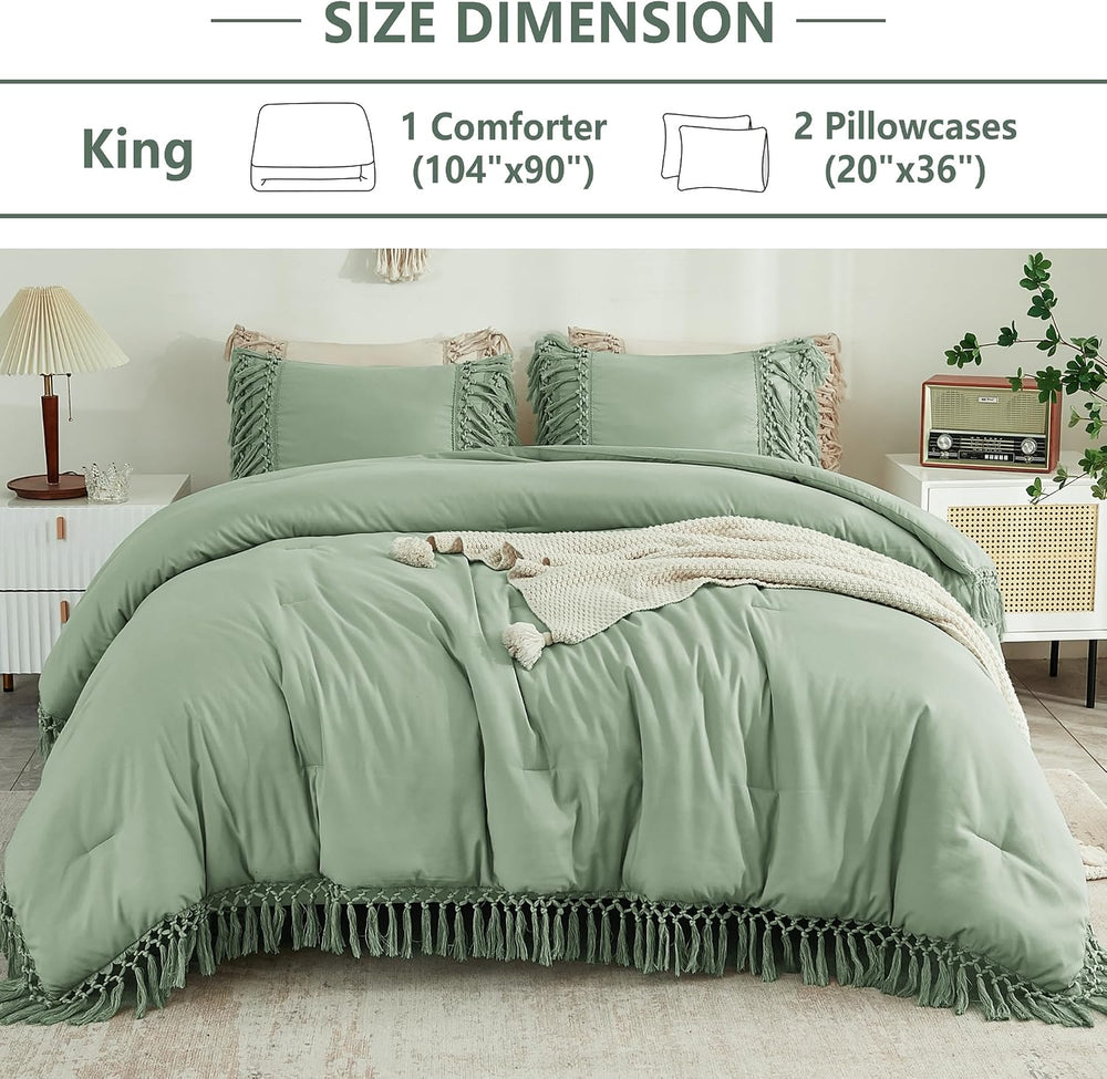 Andency Sage Green Comforter Set King, 3 Pieces Boho Tassel Bedding