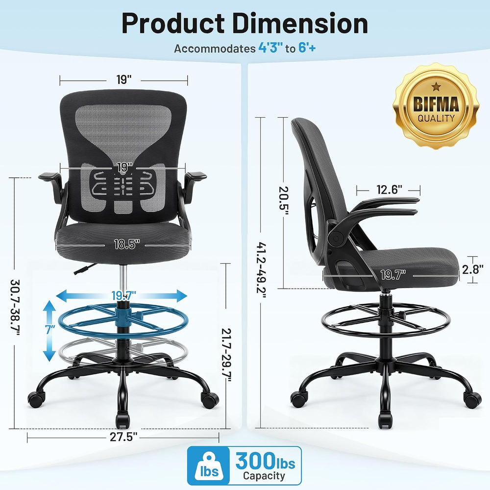 Drafting Chair for Standing Desk, Tall Office Chair with 22"-30" Se...