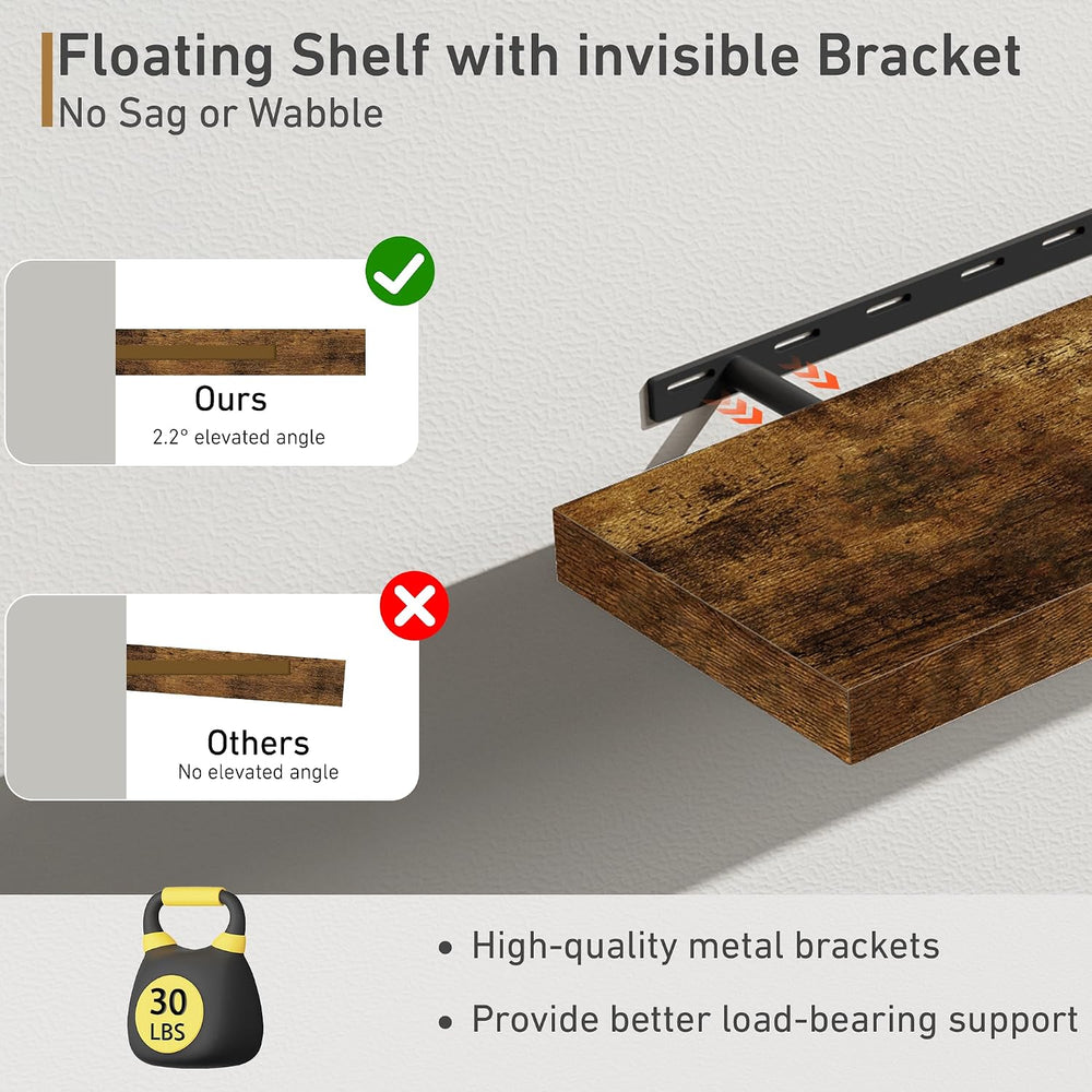 Deep Floating Shelves - 16" W x 9.3" D x 1.6" H Rustic Brown W...