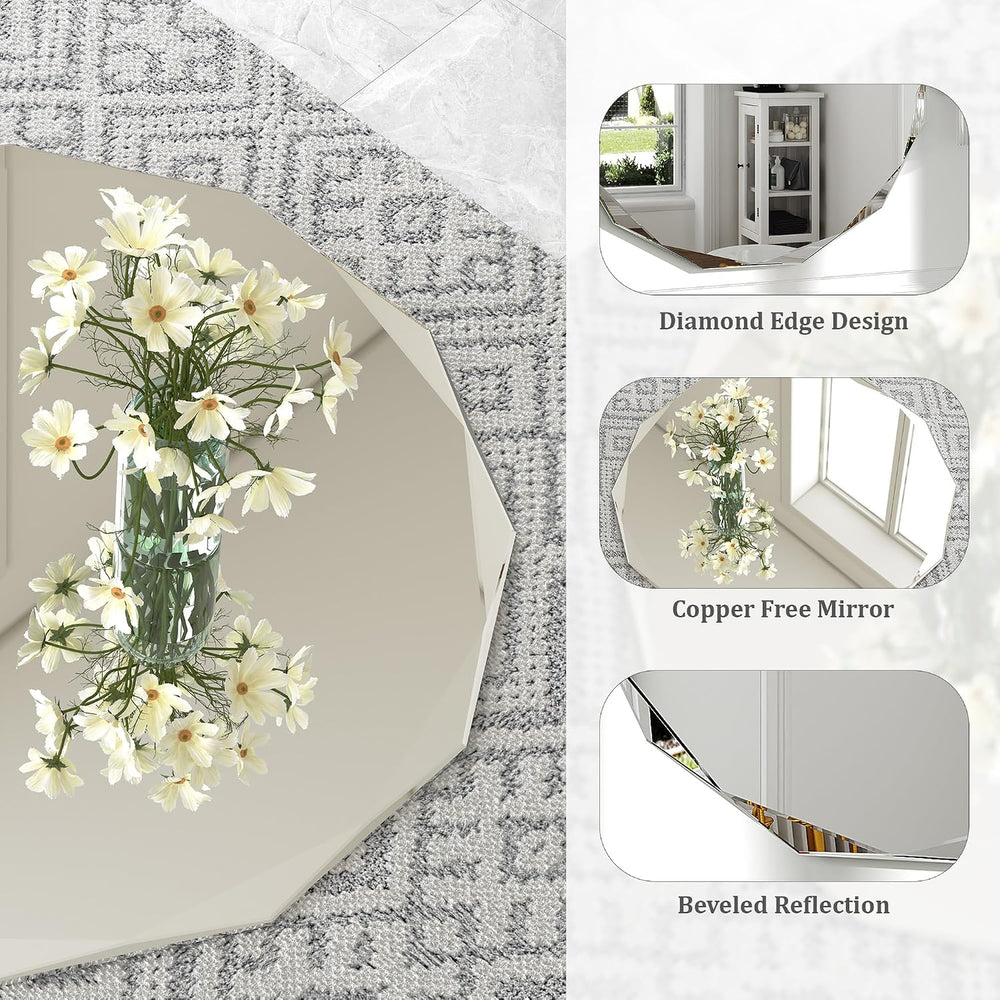 Krymnar 30x30 Inch Round Beveled Bathroom Mirror, Circle Frameless Copper-Fre...