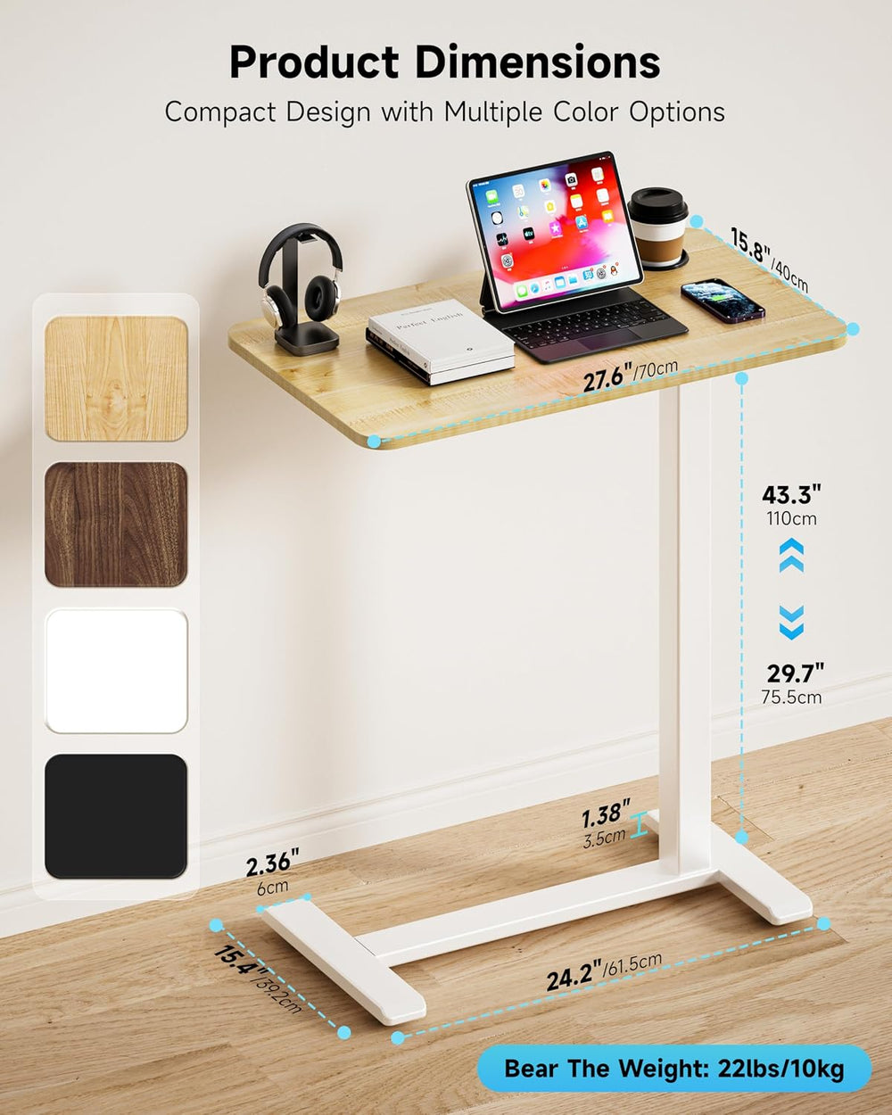 BIZUM Adjustable Bedside Table with Swivel Hidden Wheels Pneumatic Rolling De...