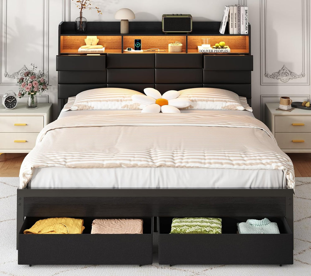 Full Bed Frame with Storage Headboard, Upholstered Black Bed Frame with 4 Dra...