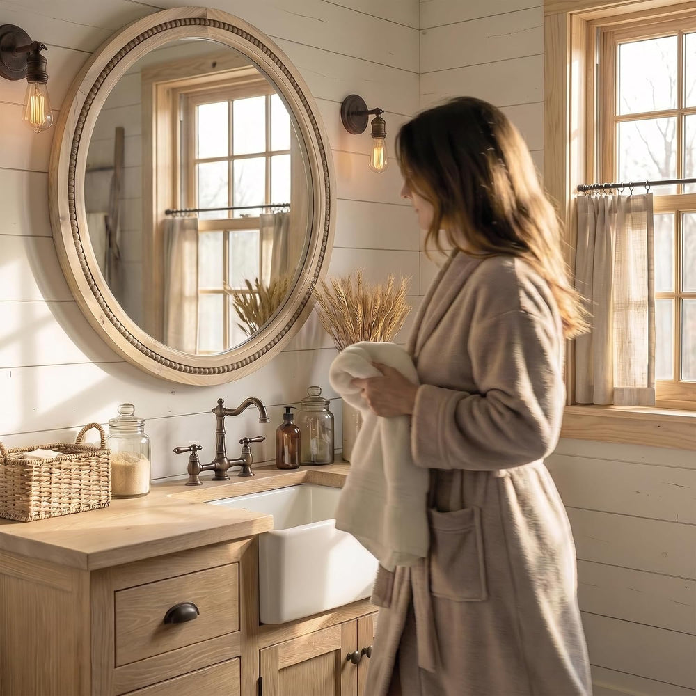 Solid Wood 30 Inch Round Beaded Vanity Wall Mirror, Natural Wood