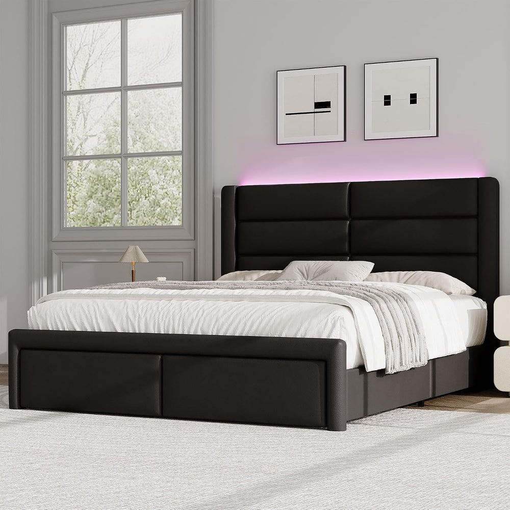 Queen Upholstered Bed Frame with Headboard and LED Lights, Modern Faux Leathe...