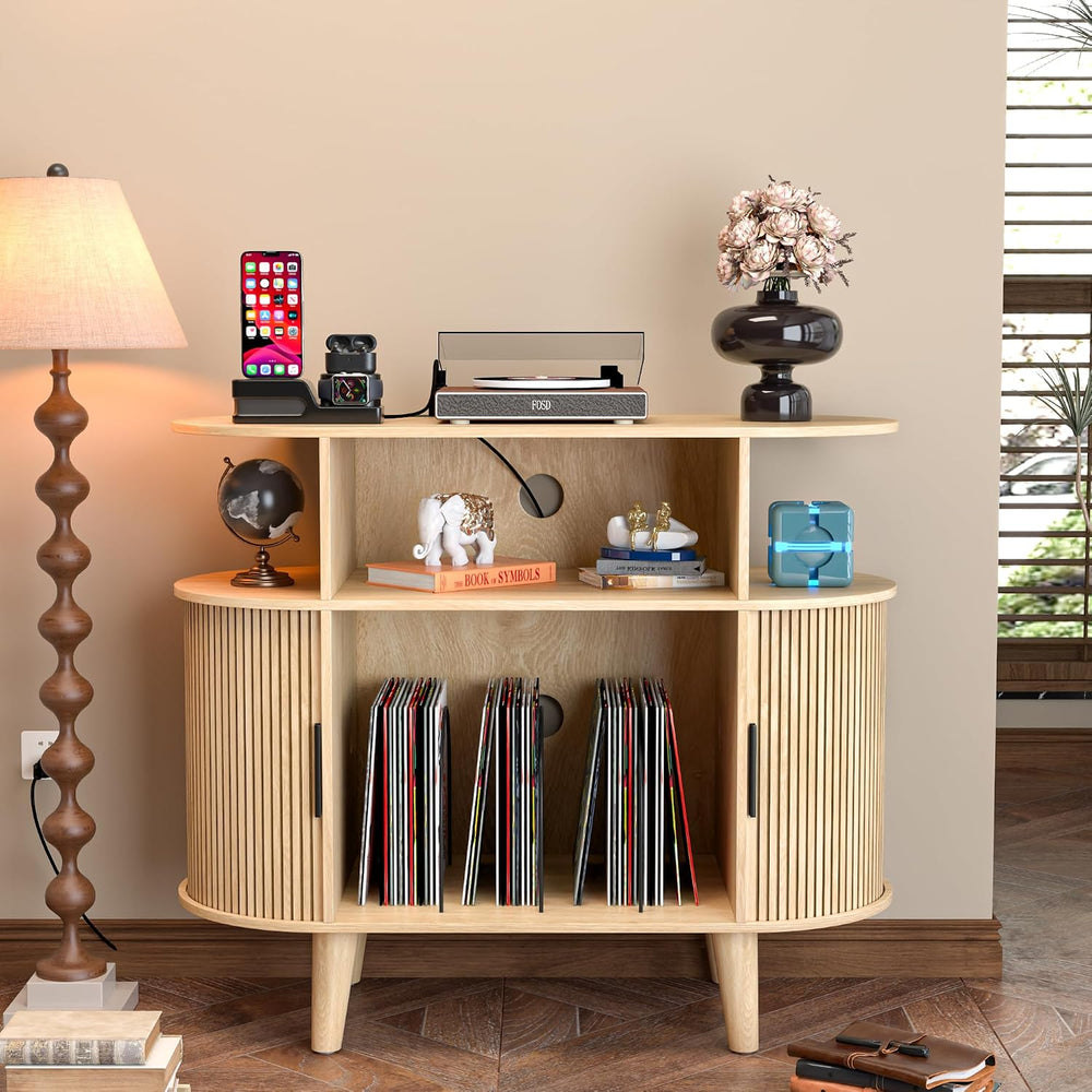 LUVIOHOME Large Round Record Player Stand with Charging Station & USB Ports