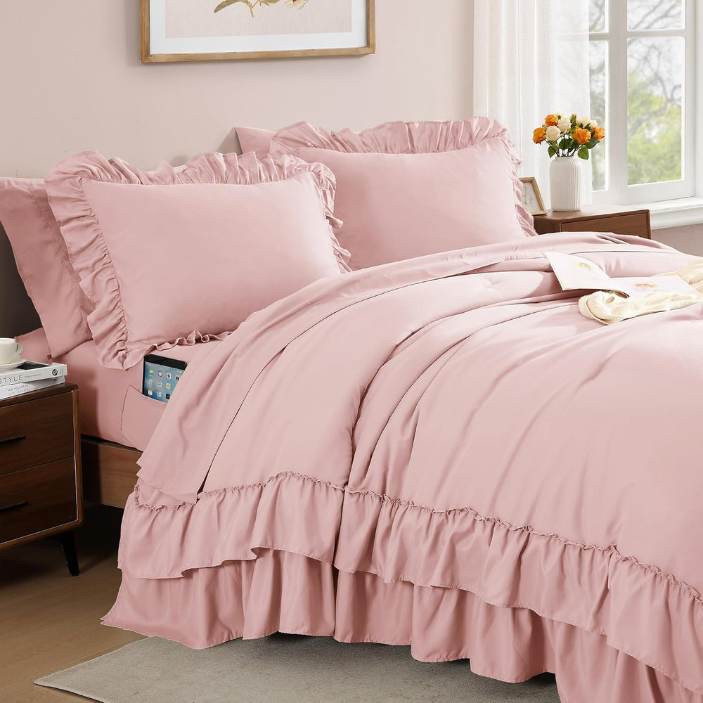 King Size Comforter Set Soft Pink Ruffle 7 Pieces Farmhouse Bed in a Bag