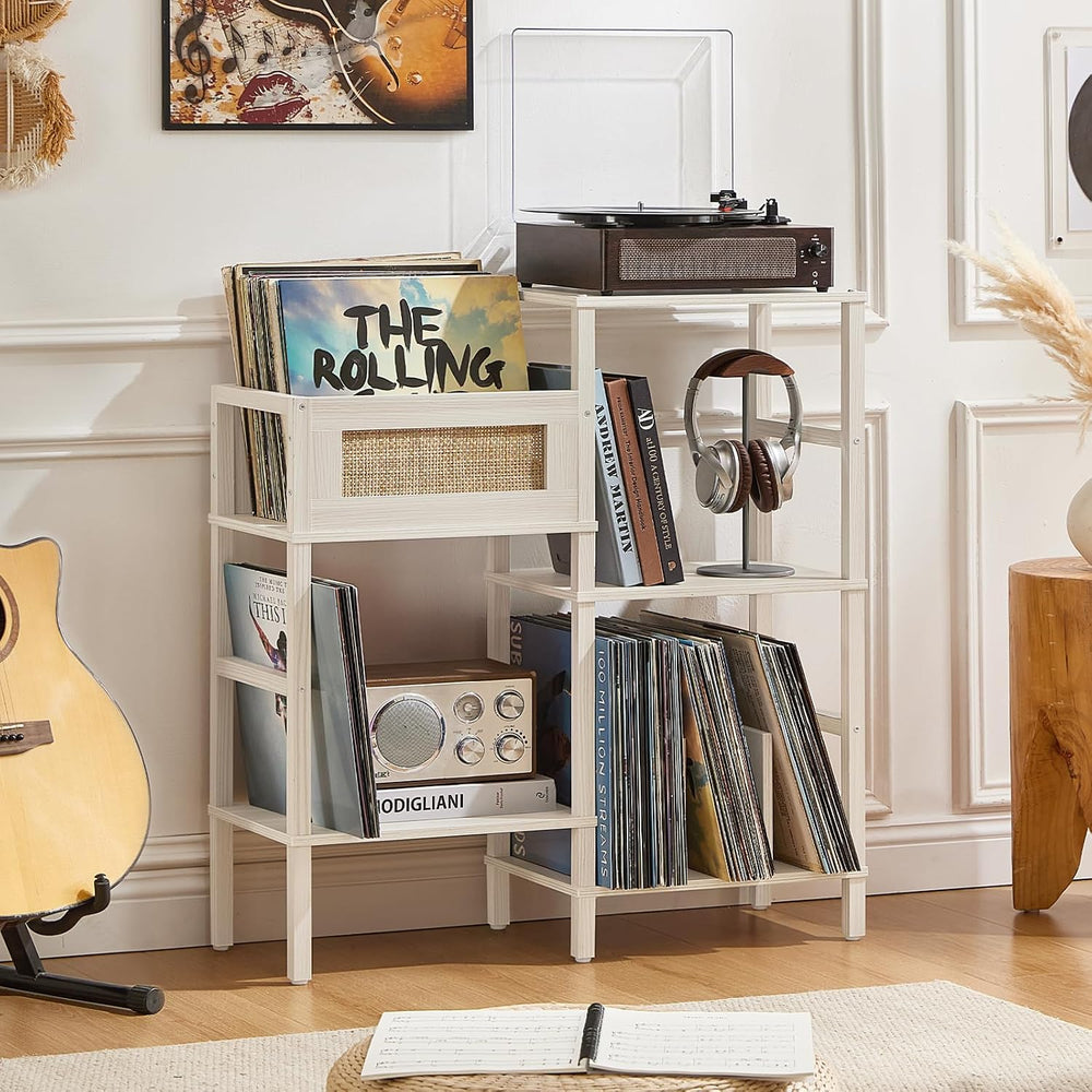 LELELINKY Record Player Stand, White Cream Oak Wood Record Holder with Vinyl ...