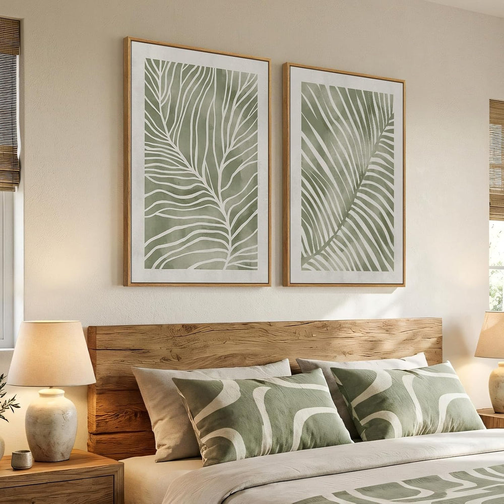 Large Framed Green Abstract Botanical Wall Art for Living Room, 24x36 In