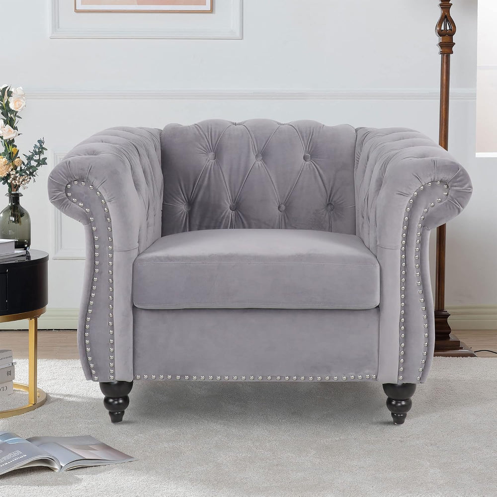 LEVNARY Velvet Chesterfield Chair, Mid-Century Modern Single Sofa Chair with ...