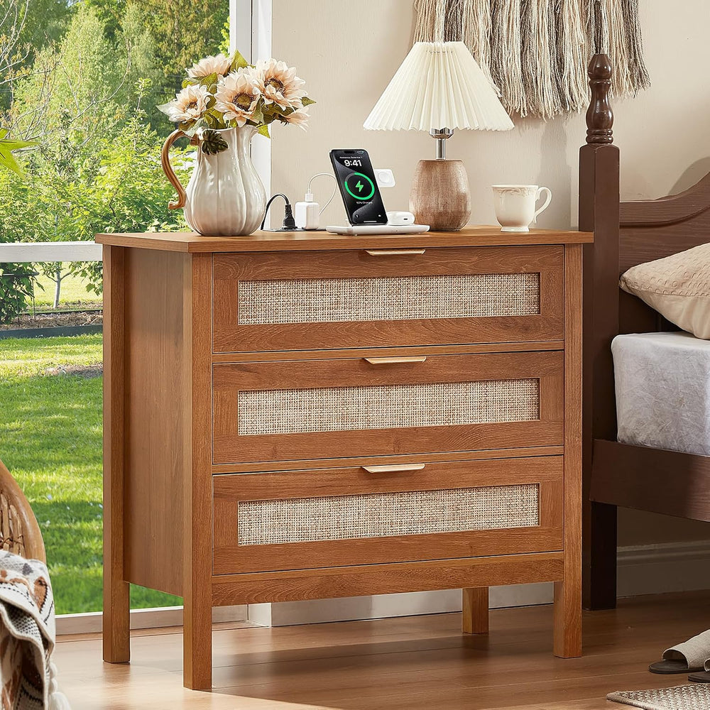 LEYAOYAO 31.5" Wide Rattan Nightstands Set of 2 with Charging Station