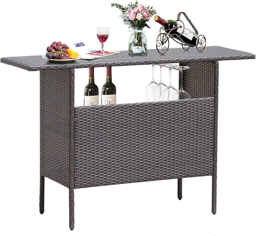 GIANTEX Outdoor Patio Wicker Bar Table, 2 Storage Shelves, 55''W Tabl...